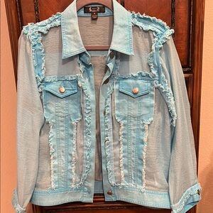 A.Z.I  Sheer Jean Jacket Light Blue Distressed Turquoise